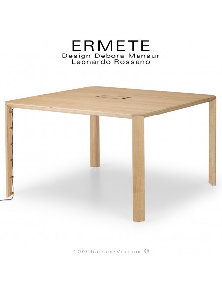 Table carré en bois ERMETE, 4 pieds en bois de chêne massif, plateau placage bois de chêne vernis.