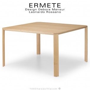 Table carré en bois ERMETE, 4 pieds en bois de chêne massif, plateau placage bois de chêne vernis.