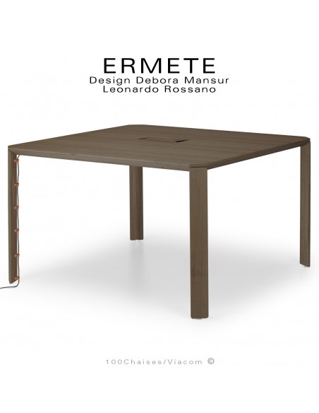 Table carré en bois ERMETE, 4 pieds en bois de chêne massif, plateau placage bois de chêne vernis fumé / foncé.