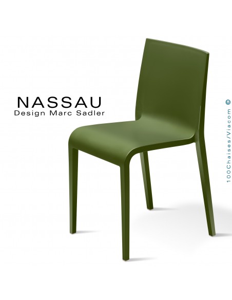 Chaise d'extérieur pour hôtel, restaurant, jardin NASSAU structure plastique, 4 pieds monobloc couleur vert Olive.