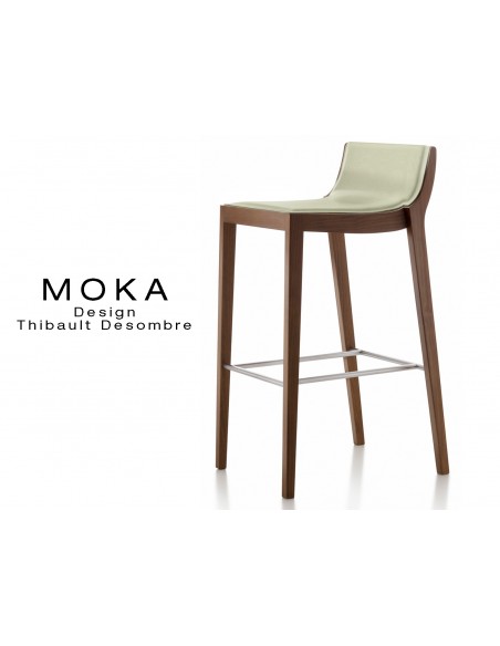Tabouret design MOKA en bois finition acajou, assise capitonnée cuir couvrant collé couleur écru.
