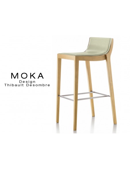 Tabouret design MOKA en bois finition hêtre naturel, assise capitonnée cuir couvrant collé couleur écru.