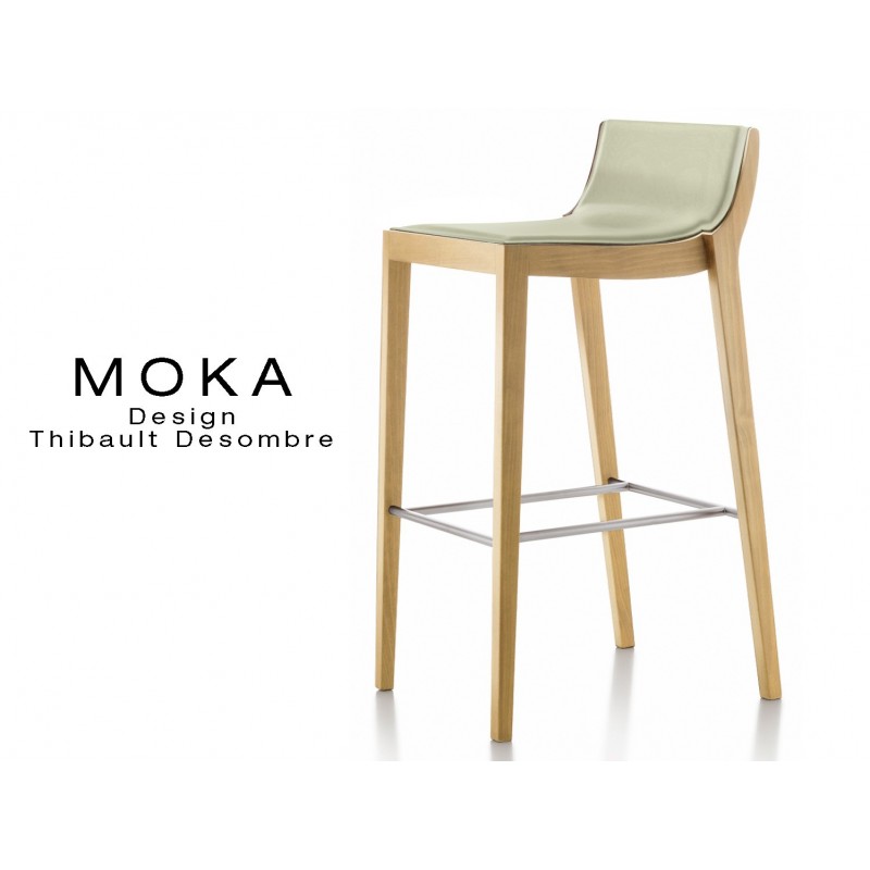 Tabouret design MOKA en bois finition hêtre naturel, assise capitonnée cuir couvrant collé couleur écru.