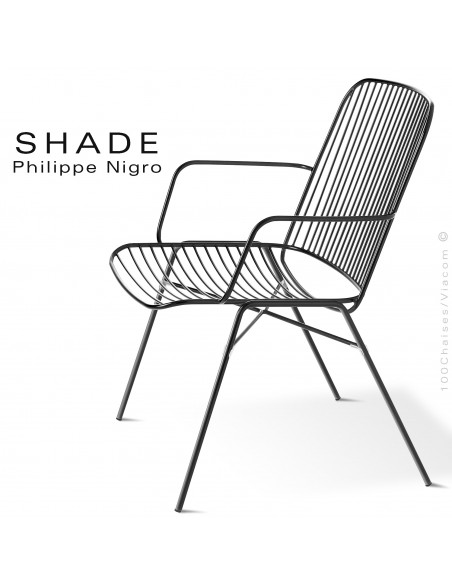Fauteuil confort lounge pour extérieur SHADE, structure acier peint noir avec traitement cataphorèse.