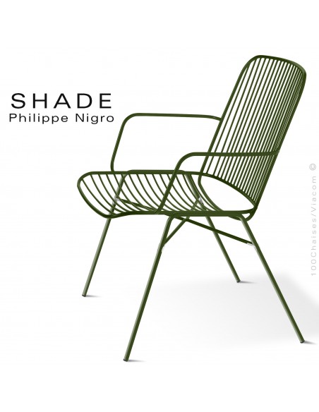 Fauteuil confort lounge pour extérieur SHADE, structure acier peint vert olive avec traitement cataphorèse.