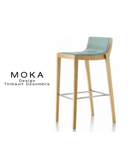 Tabouret design MOKA en bois finition hêtre naturel, assise capitonnée cuir couvrant collé couleur gris perle.