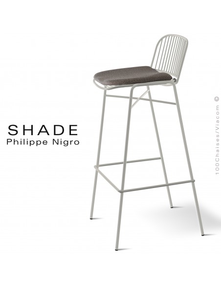 Tabouret de bar design acier peint blanc pur SHADE-624, empilable avec coussin, traitement cataphorèse, milieu salin.