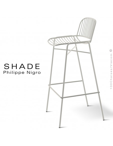 Tabouret de bar design acier peint blanc pur SHADE-624, empilable, traitement cataphorèse, milieu salin.