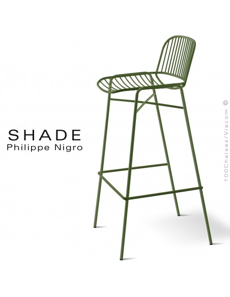 Tabouret de bar design acier peint vert olive SHADE-624, empilable, traitement cataphorèse, milieu salin.