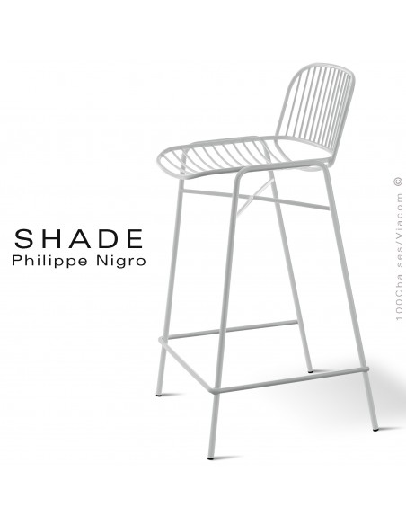 Tabouret de cuisine design SHADE, structure acier peint avec repose-pieds de couleur blanc signalisation.