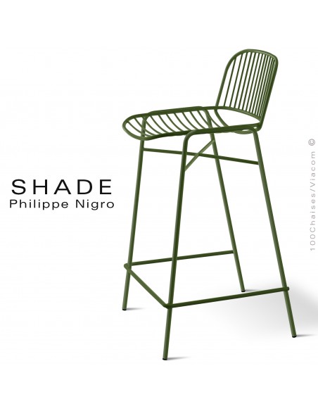 Tabouret de cuisine design SHADE, structure acier peint avec repose-pieds de couleur vert olive.