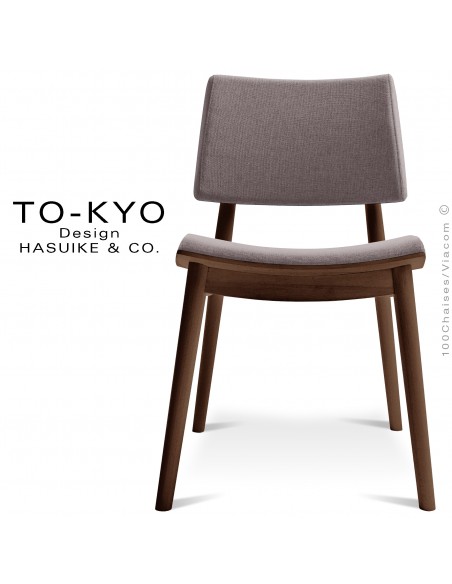 Chaise luxe design TOKYO, structure bois massif teinté brun, assise et dossier tissu gamme Medley couleur gris.