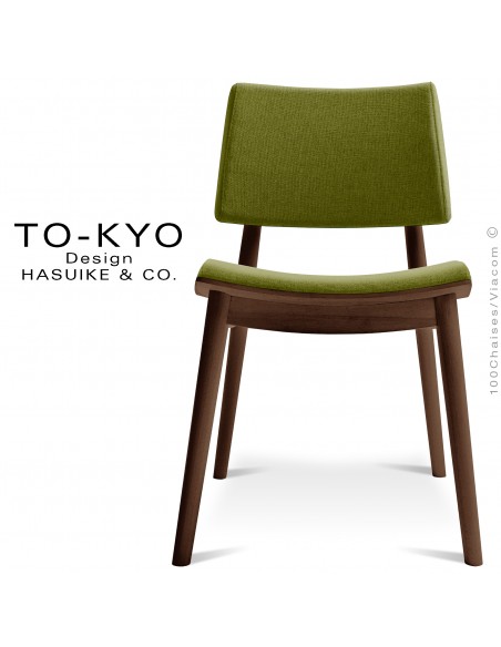Chaise luxe design TOKYO, structure bois massif teinté brun, assise et dossier tissu gamme Medley couleur vert kaki.