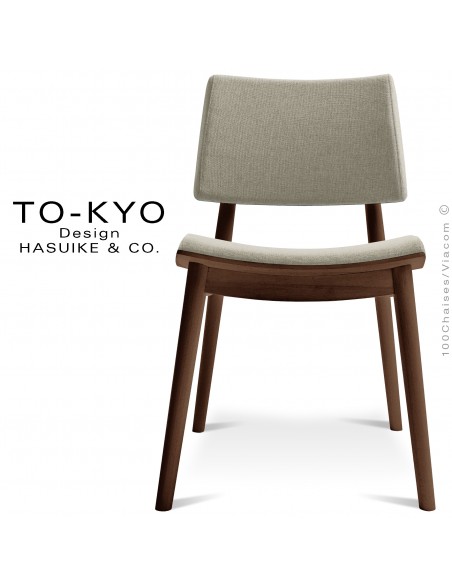 Chaise luxe design TOKYO, structure bois massif teinté brun, assise et dossier tissu gamme Medley couleur argile.