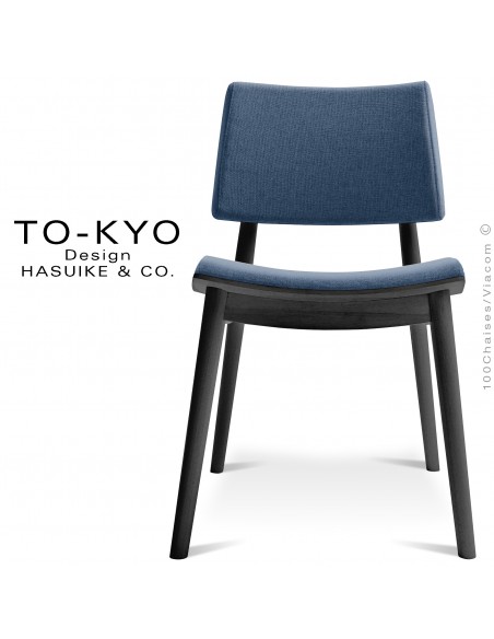 Chaise luxe design TOKYO, structure bois massif teinté noir, assise et dossier tissu gamme Medley couleur bleu Marine.