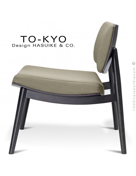 Fauteuil lux lounge design TOKYO, structure bois teinté noir, assise et dossier mousse, habillage tissu Medley couleur argile.