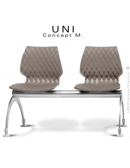 Banc ou assise sur poutre 2 places UNI, piétement acier peint aluminium, assise plastique effet matelassé couleur argile.