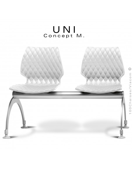 Banc ou assise sur poutre 2 places UNI, piétement acier peint aluminium, assise coque plastique effet matelassé blanc.