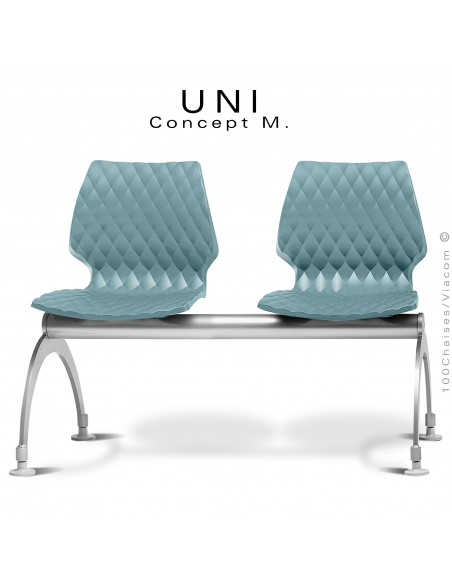 Banc ou assise sur poutre 2 places UNI, piétement acier peint aluminium, assise coque plastique effet matelassé bleu poudre.