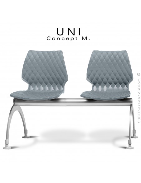 Banc ou assise sur poutre 2 places UNI, piétement acier peint aluminium, assise coque plastique effet matelassé gris petit gris.