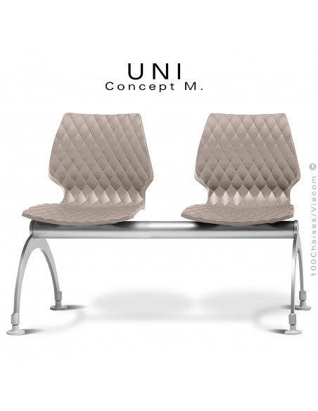Banc ou assise sur poutre 2 places UNI, piétement acier peint aluminium, assise plastique effet matelassé gris Tourterelle.