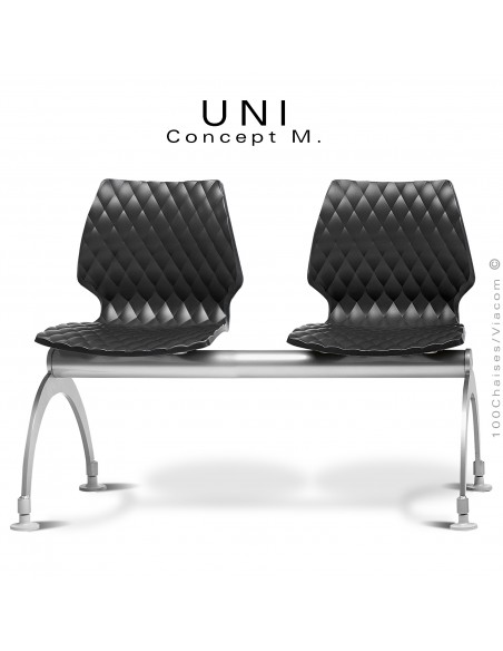 Banc ou assise sur poutre 2 places UNI, piétement acier peint aluminium, assise plastique effet matelassé noir.