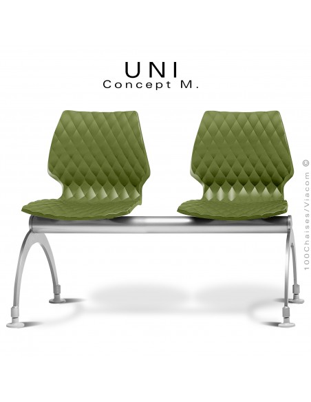 Banc ou assise sur poutre 2 places UNI, piétement acier peint aluminium, assise plastique effet matelassé vert olive.