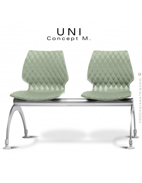 Banc ou assise sur poutre 2 places UNI, piétement acier peint aluminium, assise plastique effet matelassé vert pistache.