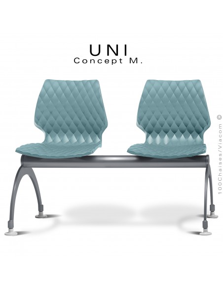 Banc ou assise sur poutre 2 places UNI, piétement acier peint anthracite, assise plastique effet matelassé bleu poudre.