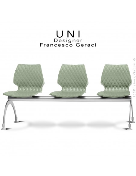 Banc ou assise sur poutre UNI, 3 places, piétement peint aluminium, assise coque effet matelassé couleur pistache.