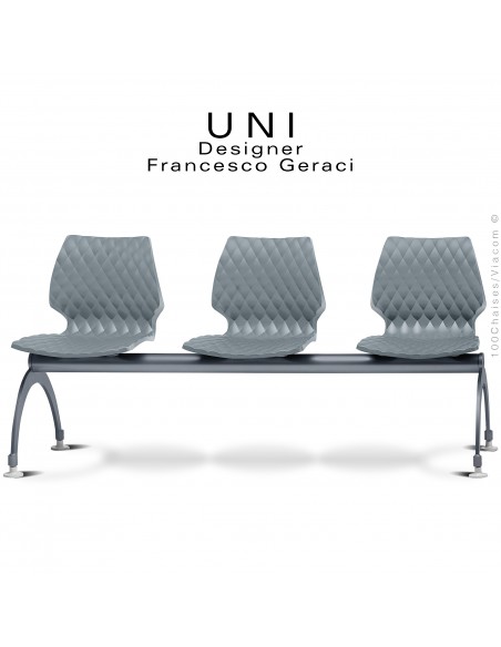 Banc ou assise sur poutre UNI, 3 places, piétement peint anthracite, assise coque effet matelassé couleur gris petit gris.