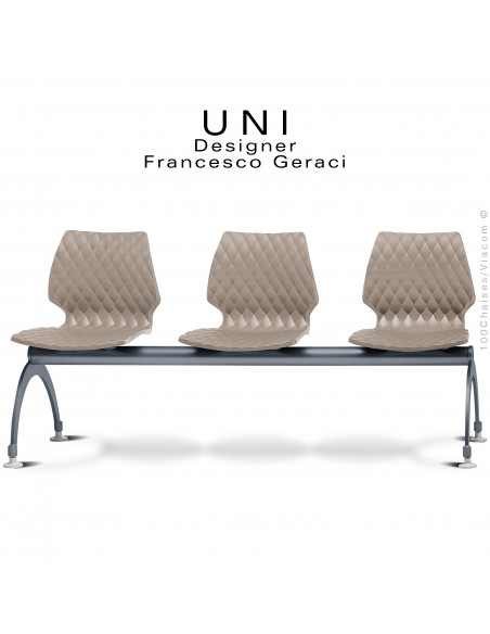 Banc ou assise sur poutre UNI, 3 places, piétement peint anthracite, assise coque effet matelassé couleur gris tourterelle.