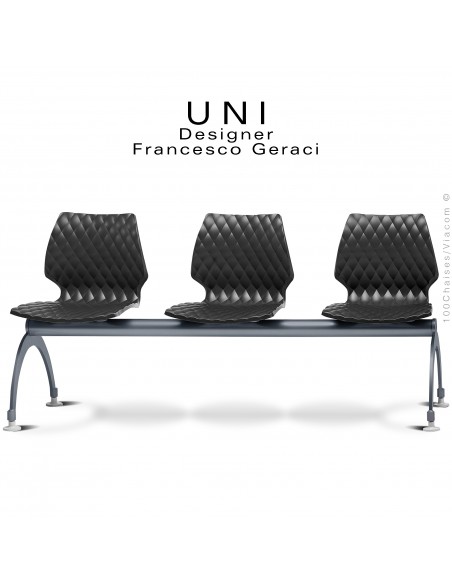 Banc ou assise sur poutre UNI, 3 places, piétement peint anthracite, assise coque effet matelassé couleur noir.