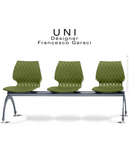 Banc ou assise sur poutre UNI, 3 places, piétement peint anthracite, assise coque effet matelassé couleur olive.