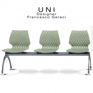 Banc ou assise sur poutre UNI, 3 places, piétement peint anthracite, assise coque effet matelassé couleur vert pistache.
