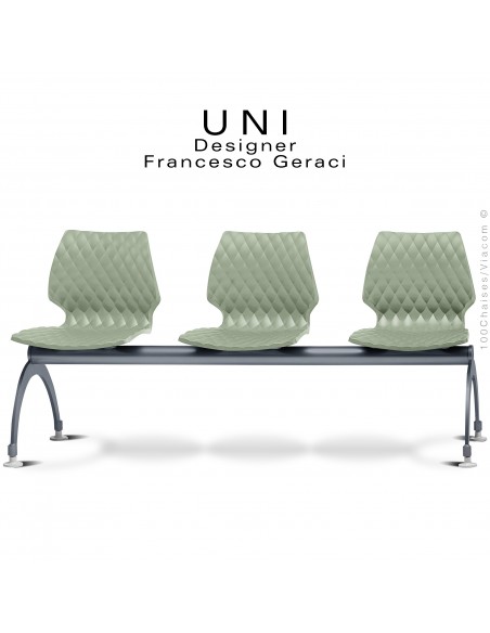 Banc ou assise sur poutre UNI, 3 places, piétement peint anthracite, assise coque effet matelassé couleur vert pistache.