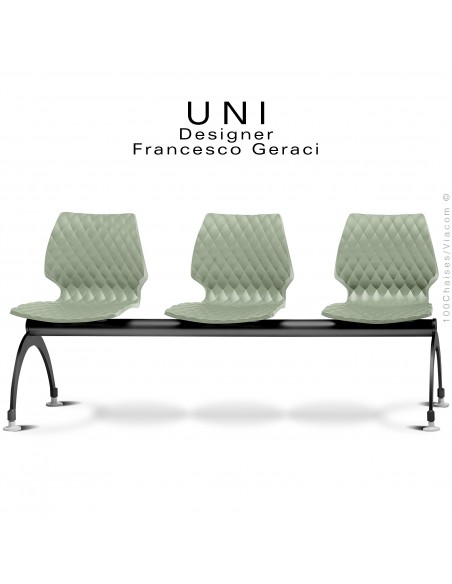 Banc ou assise sur poutre UNI, 3 places, piétement peint noir, assise coque effet matelassé couleur vert pistache.