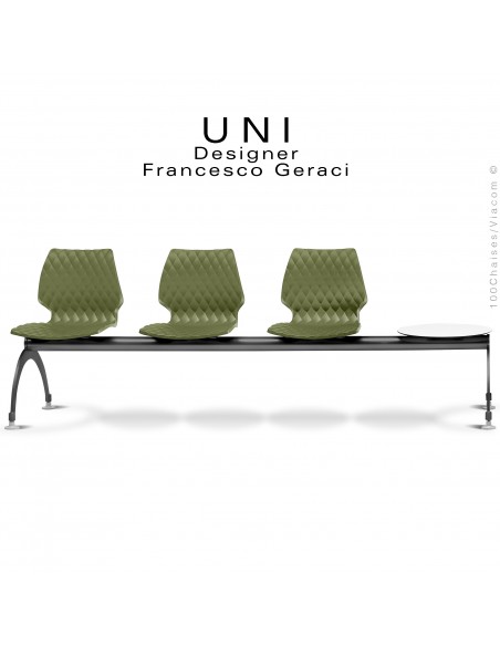 Banc ou assise sur poutre UNI, 3 places, assise couleur vert olive, piétement peint noir.
