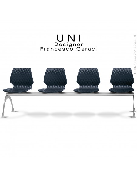 Banc pour salle d'attente UNI, 4 places, piétement acier peint aluminium, assise coque effet matelassé couleur anthracite.