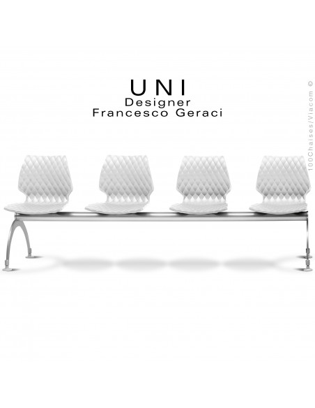 Banc pour salle d'attente UNI, 4 places, piétement acier peint aluminium, assise coque effet matelassé couleur blanche.