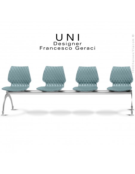 Banc pour salle d'attente UNI, 4 places, piétement acier peint aluminium, assise coque effet matelassé couleur bleu poudre.