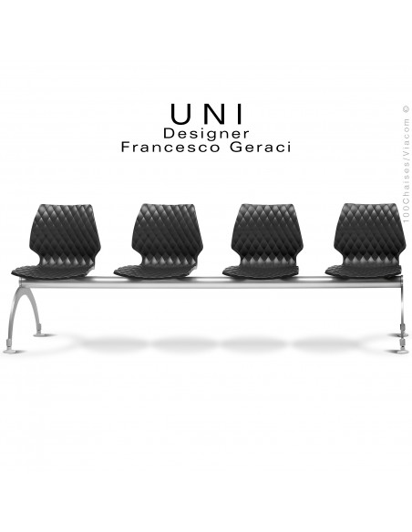 Banc pour salle d'attente UNI, 4 places, piétement acier peint aluminium, assise coque effet matelassé couleur noir.