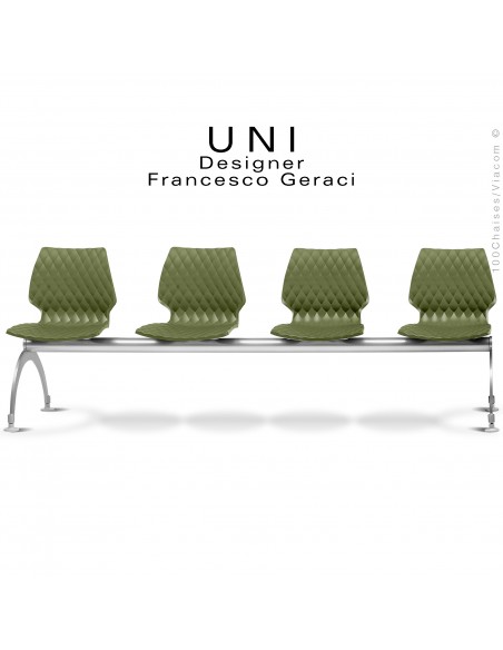 Banc pour salle d'attente UNI, 4 places, piétement acier peint aluminium, assise coque effet matelassé couleur olive.