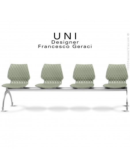 Banc pour salle d'attente UNI, 4 places, piétement acier peint aluminium, assise coque effet matelassé couleur pistache.