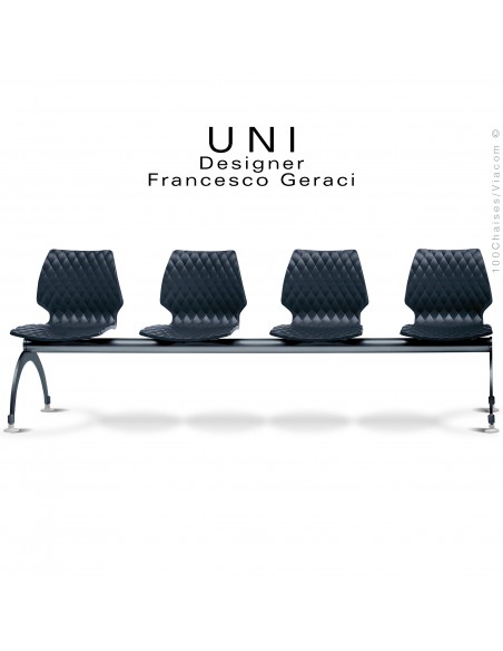 Banc pour salle d'attente UNI, 4 places, piétement acier peint anthracite, assise coque effet matelassé couleur anthracite.