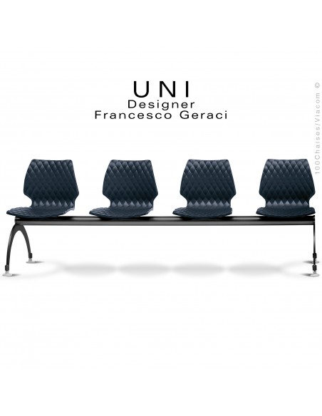 Banc pour salle d'attente UNI, 4 places, piétement acier peint noir, assise coque effet matelassé couleur anthracite.