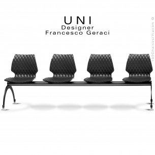 Banc pour salle d'attente UNI, 4 places, piétement acier peint noir, assise coque plastique effet matelassé couleur noir.