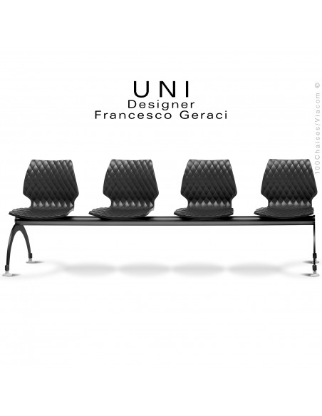 Banc pour salle d'attente UNI, 4 places, piétement acier peint noir, assise coque plastique effet matelassé couleur noir.