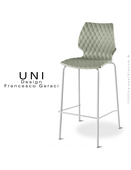 Tabouret de bar design UNI, piétement peint blanc, assise coque plastique effet matelassé couleur vert pistache.