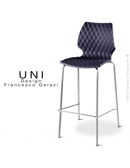 Tabouret de bar design UNI, piétement acier chromé brillant, assise coque plastique effet matelassé couleur anthracite.